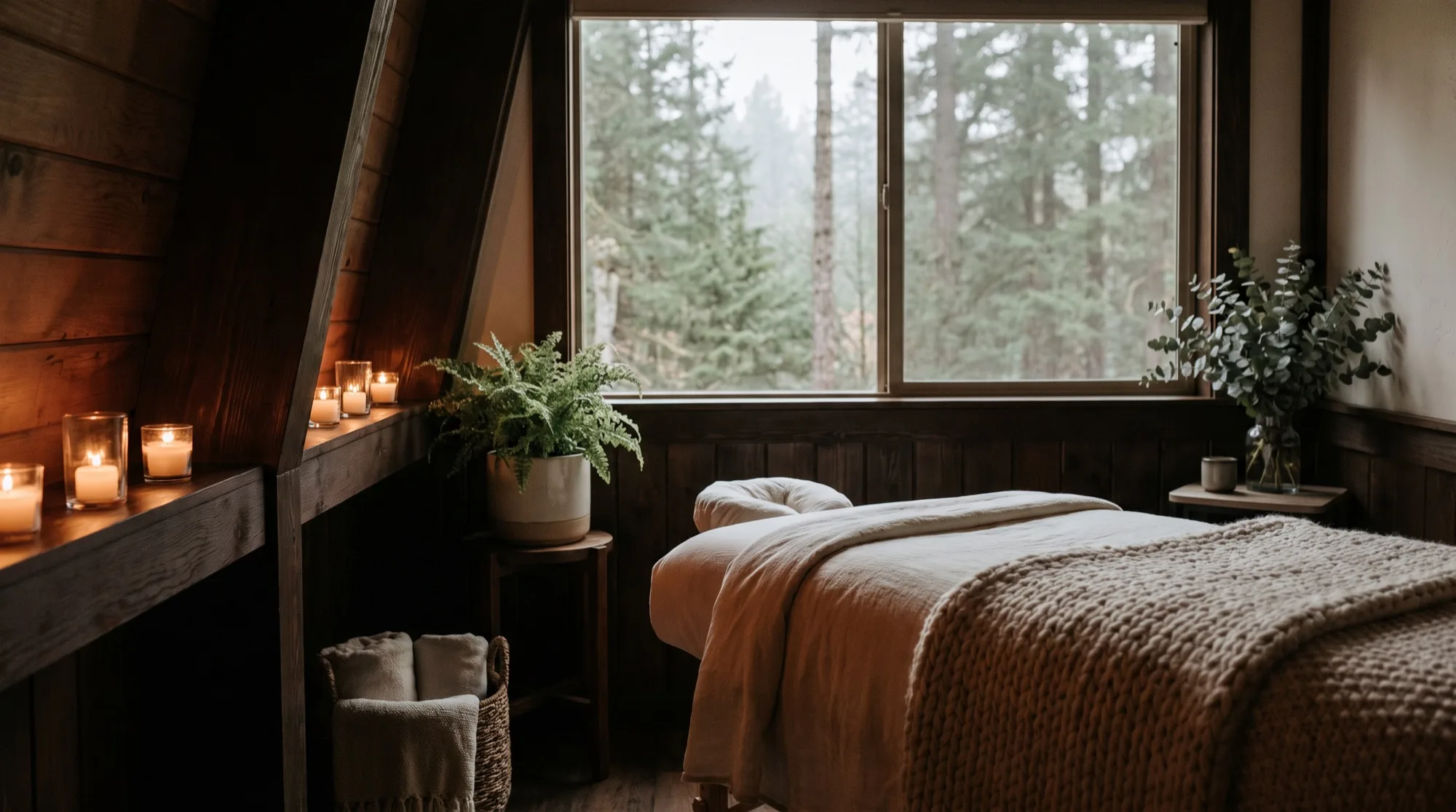 Candlelit spa treatment room overlooking an evergreen forest at dusk
