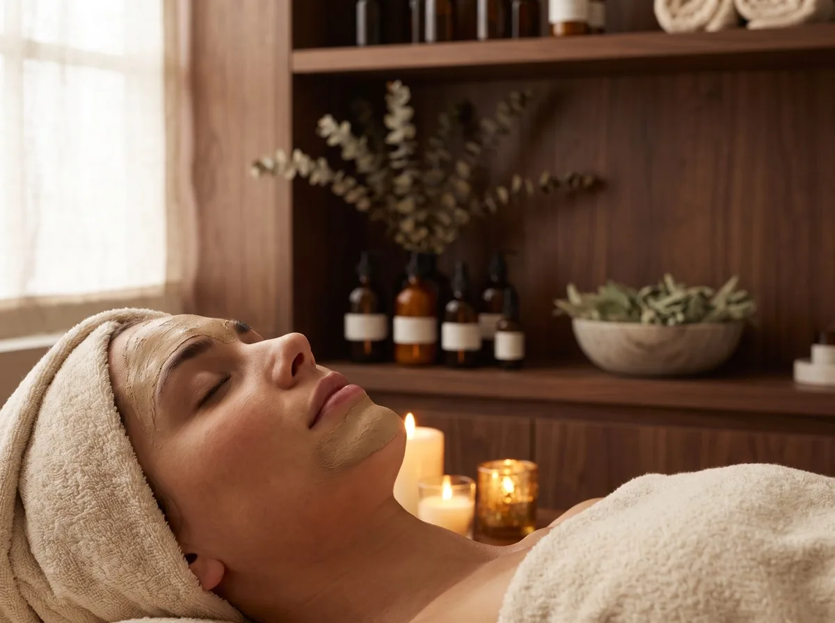Woman relaxing with eyes closed during a facial