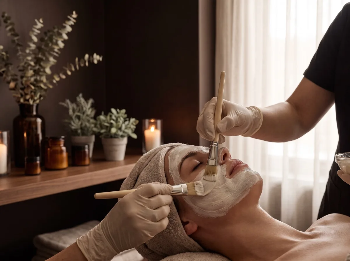 Esthetician applying a facial mask with a brush